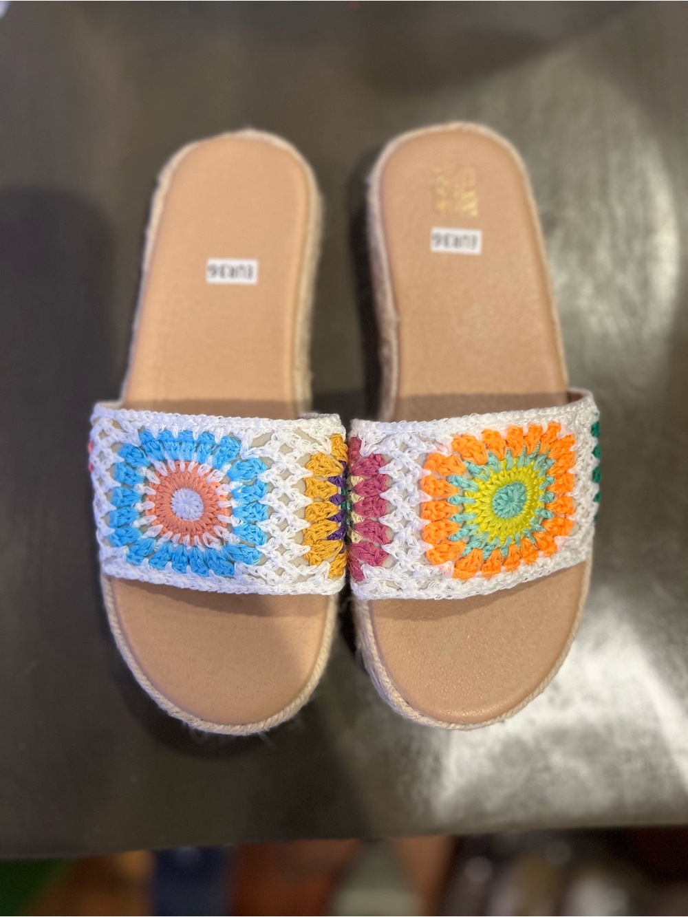 SHEIN White Crochet Slide Sandals with Multicolor Sunburst Accents